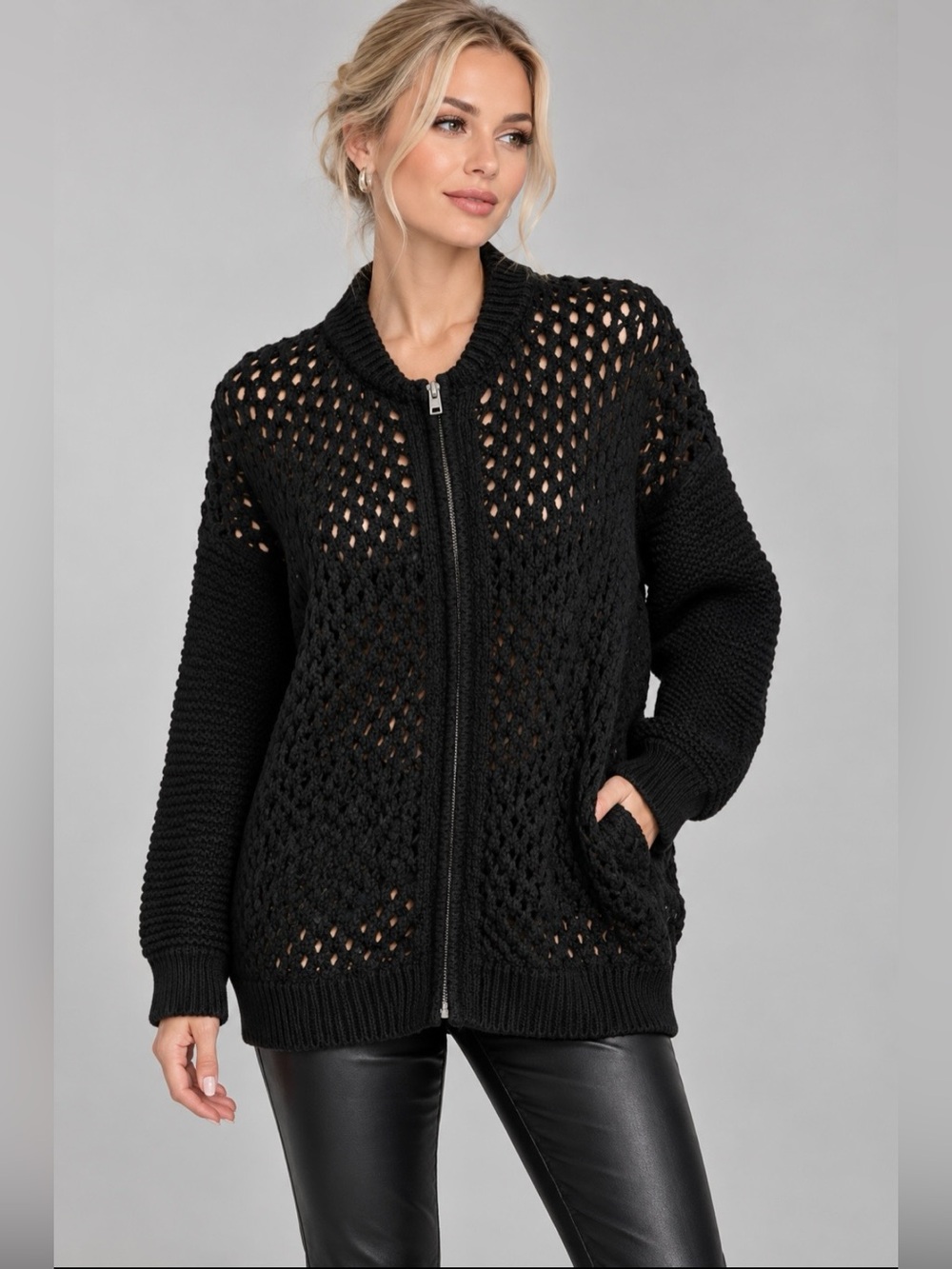 Love Moschino Black Wool Knit Zip Cardigan-size 44(EU)